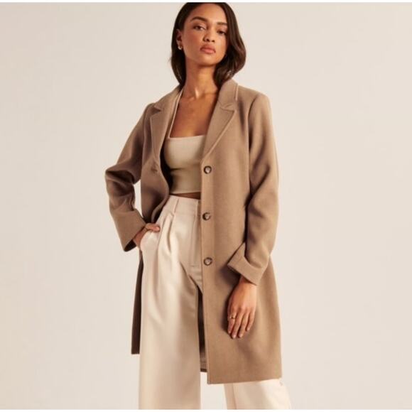 Abercrombie & Fitch Wool Blend Dad Coat Camel Tan Long Size XS Extra Small - Picture 1 of 12